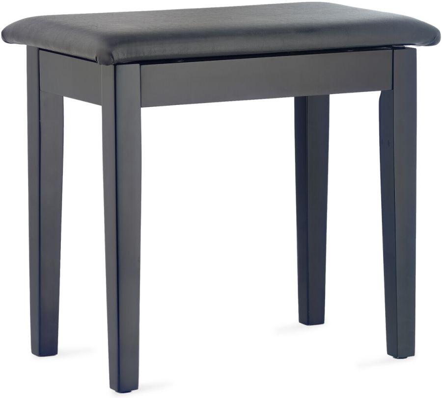 Matt black piano stool with black vinyl top and storage compartment