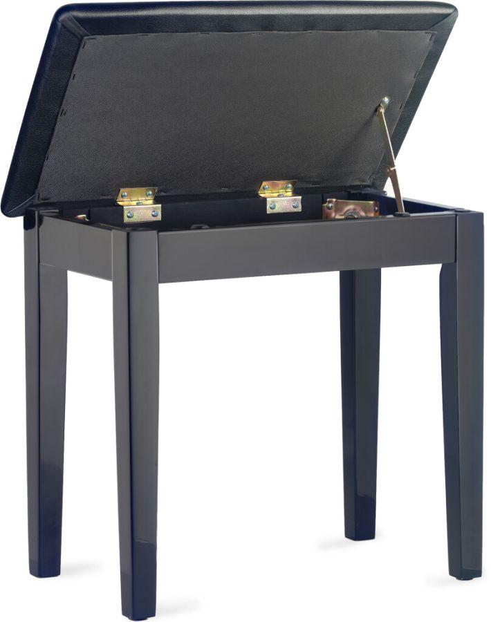 Piano Stool Bench in Polished Ebony Finish with Black Vinyl top. Includes Storage Compartment