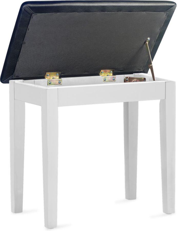 Piano Stool Bench in White Satin Finish with Black Vinyl top. Includes Storage Compartment