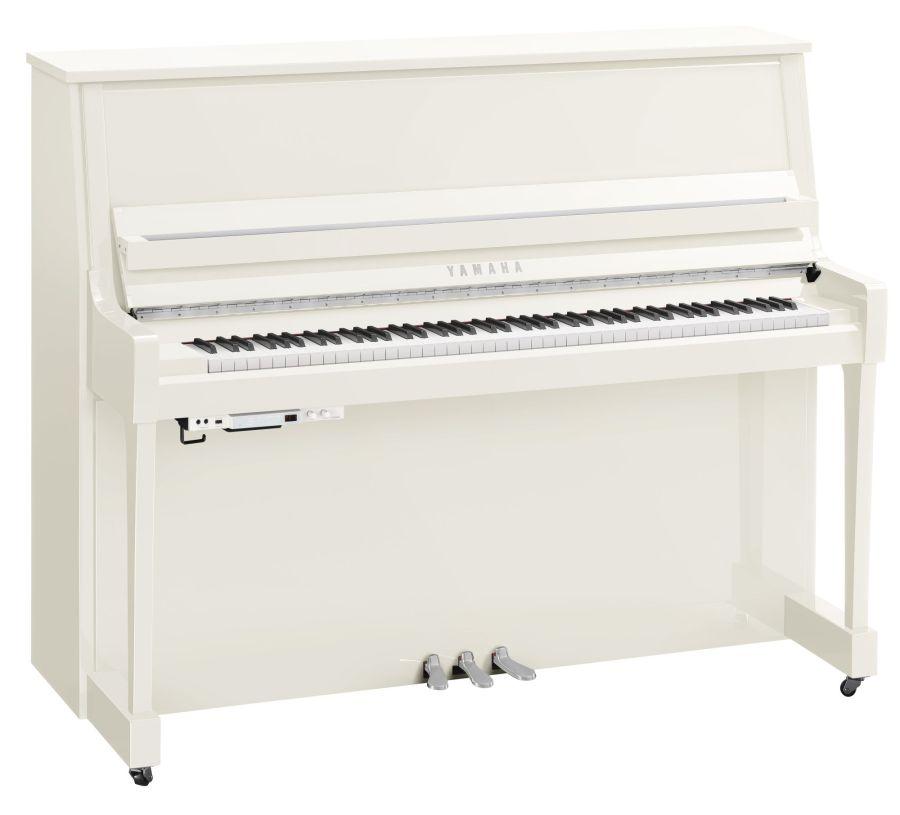 B30 TC3 TransAcoustic Upright Piano in Polished White Finish with Chrome Fittings