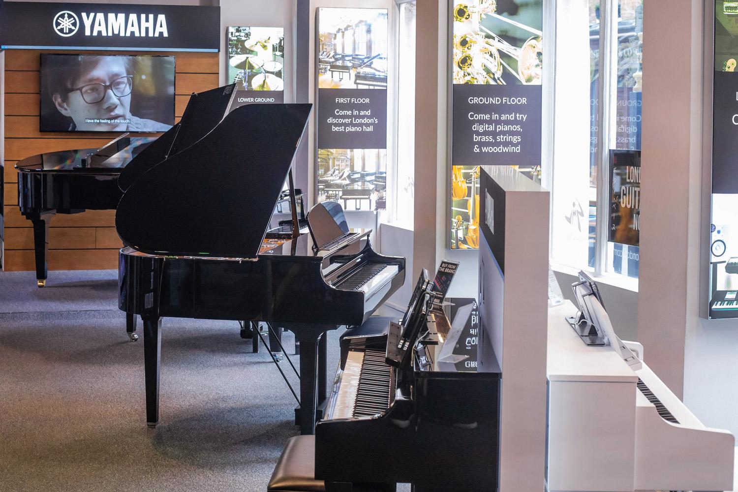 Photo of digital pianos on the ground floor in the Yamaha Music London store on Wardour Street