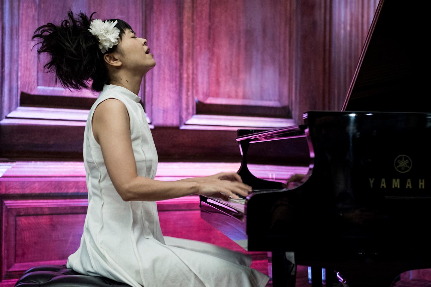 Photo of pianist Hiromi performing at Yamaha Music London