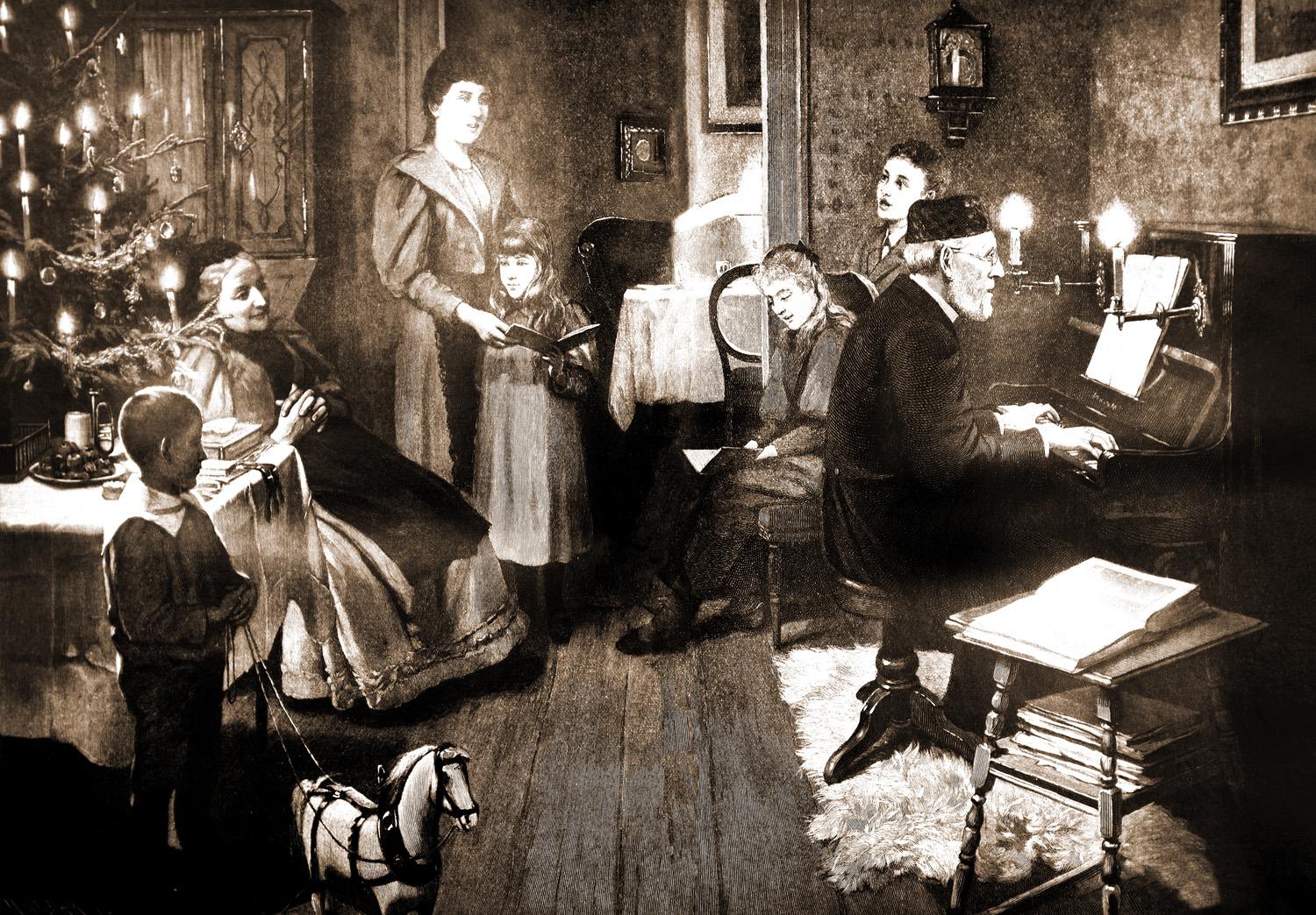 1895 illustration of a family singing carols in a Victorian household