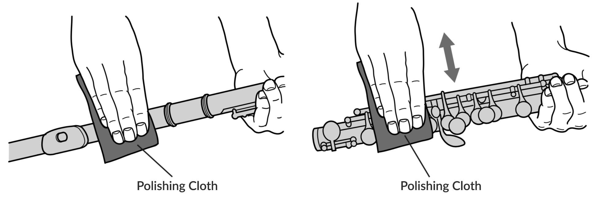 Removing dirt and residue from a flute's outer body using a polishing cloth