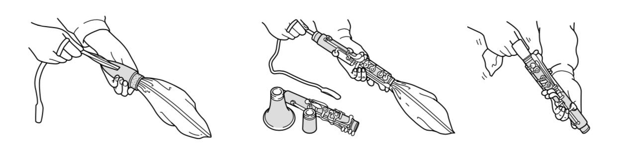 Diagrams showing the use of a cleaning swab and polishing gauze to remove moisture from the flute's bore