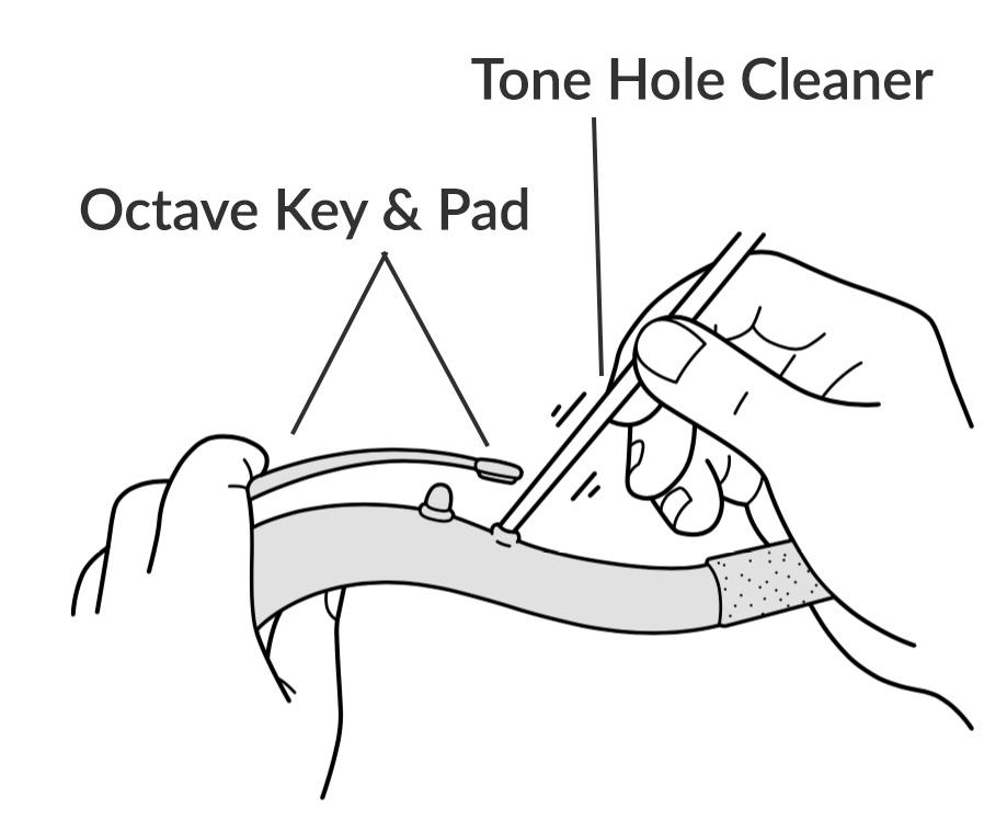 Using a tone hole cleaner to clean the octave tone hole on a saxophone