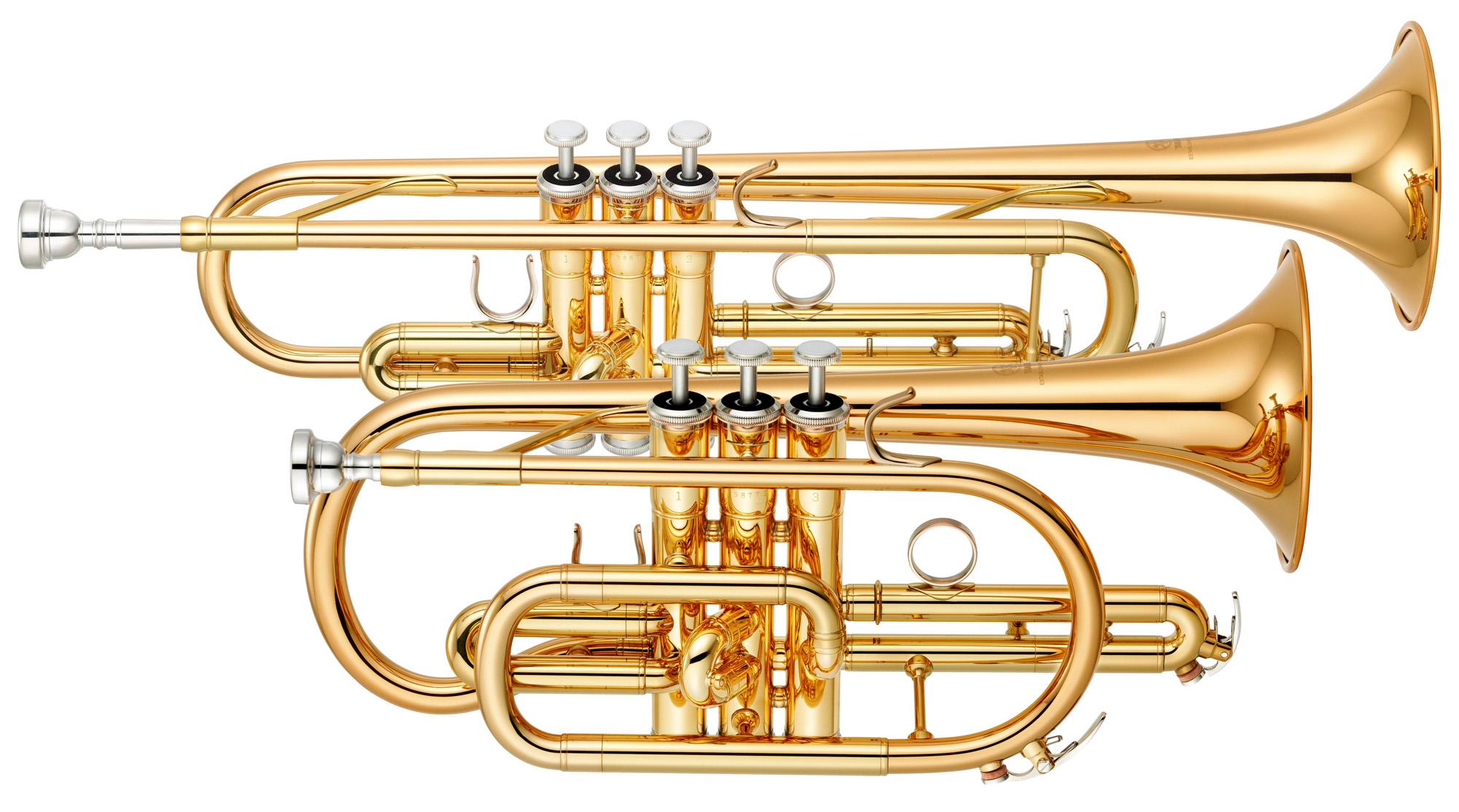 Photo of a Yamaha cornet alongside a Yamaha trumpet
